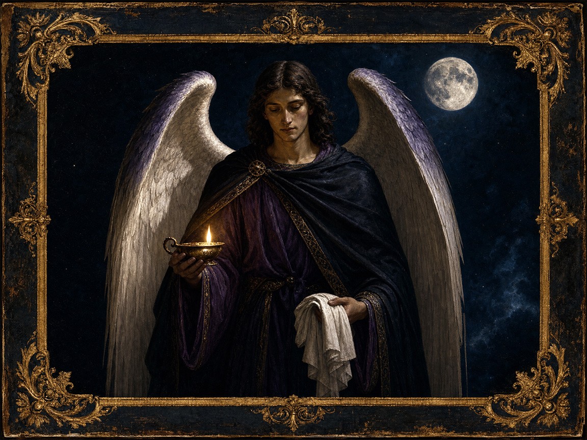 Archangel Azrael as the merciful Watcher of the threshold between life and death, holding a small bronze oil-lamp with a steady flame and a folded white linen cloth, robed in deep indigo and plum-purple beneath a full moon, in the style of Renaissance manuscript illumination and Baroque chiaroscuro.