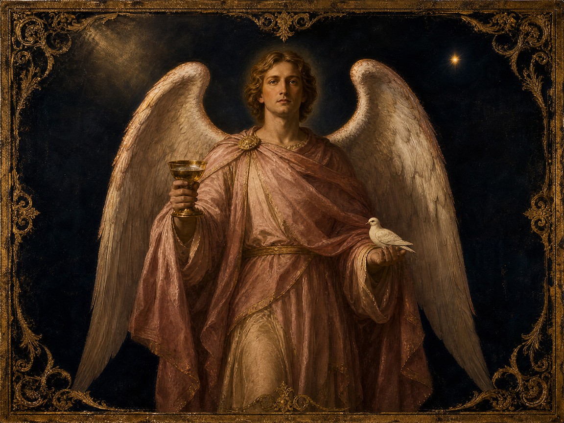 Archangel Chamuel as the peace-maker, holding a gold chalice of reconciliation and a white dove returning to his open palm, robed in pale rose and soft gold beneath the morning star Venus, in the style of Renaissance manuscript illumination and Baroque chiaroscuro.
