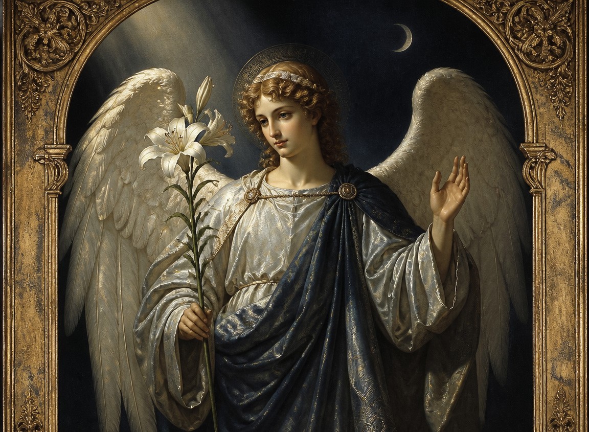 Archangel Gabriel holding a white lily in his right hand and raising his left hand in the annunciation gesture, robed in silver and midnight blue beneath a crescent moon, in the style of Renaissance manuscript illumination and Baroque chiaroscuro.