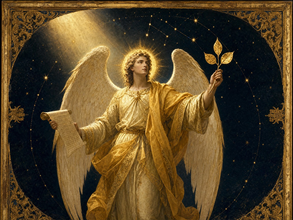 Archangel Jophiel as the bearer of clarity, holding an unrolled scroll of inscribed wisdom and a golden bough of three leaves, robed in pale gold and saffron beneath a constellation of golden stars, in the style of Renaissance manuscript illumination and Baroque chiaroscuro.