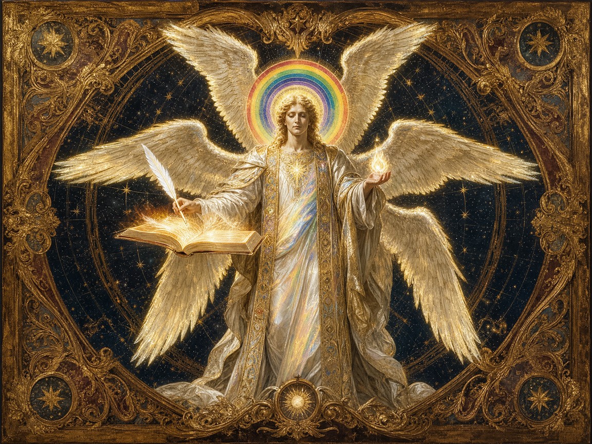 Archangel Metatron, prince of the presence, with six wings and a rainbow halo, holding a quill of light over an open book of fire, in the style of Renaissance manuscript illumination and Baroque chiaroscuro.