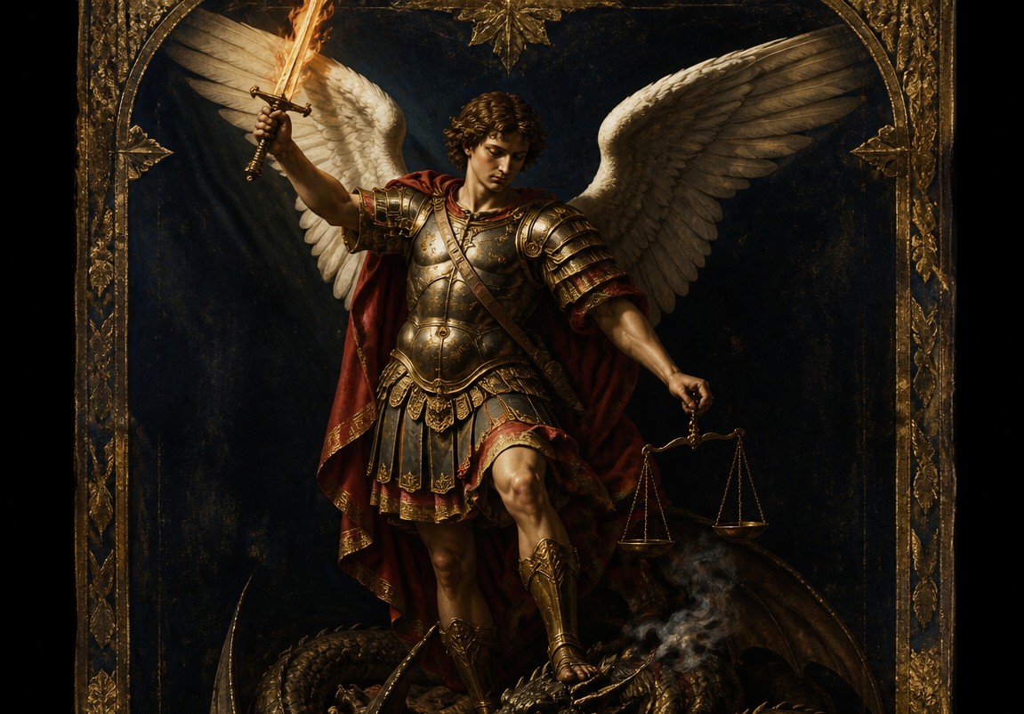 Archangel Michael standing victorious over the defeated dragon, flaming sword raised, brass scales in his left hand, in the style of Renaissance manuscript illumination and Baroque chiaroscuro.