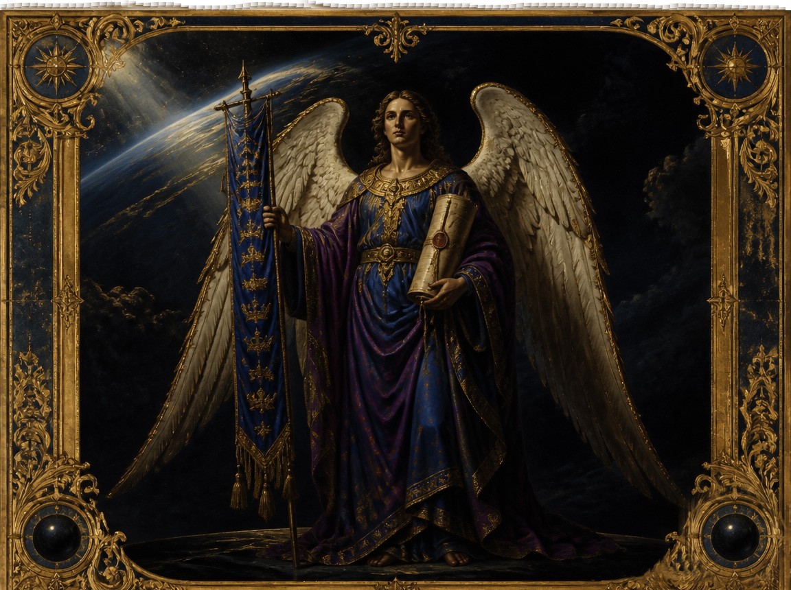 Archangel Raguel as the magistrate of heaven, holding a furled banner of royal-blue silk and a sealed scroll of angelic offices, robed in royal blue and imperial purple, in the style of Renaissance manuscript illumination and Baroque chiaroscuro.