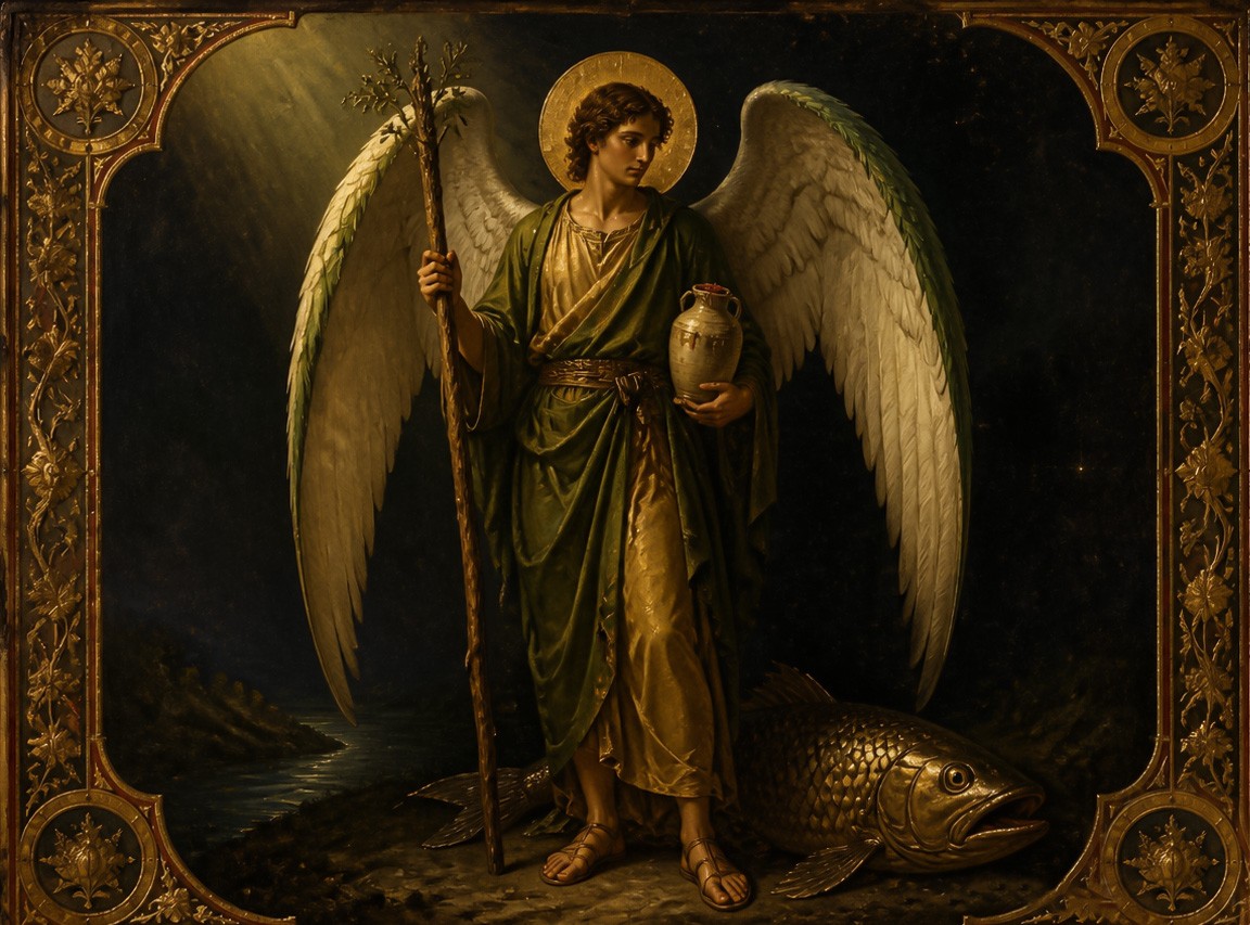 Archangel Raphael standing as pilgrim and healer with the great fish of the river Tigris at his feet, holding the pilgrim's staff and the alabaster jar of unguent, robed in earth-green, in the style of Renaissance manuscript illumination and Baroque chiaroscuro.