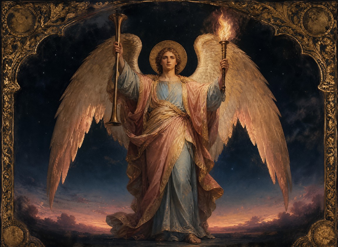 Archangel Remiel as the leader of those who rise, holding a bronze trumpet and a torch, robed in dawn-rose and pale gold against a sky giving way to first light, in the style of Renaissance manuscript illumination and Baroque chiaroscuro.