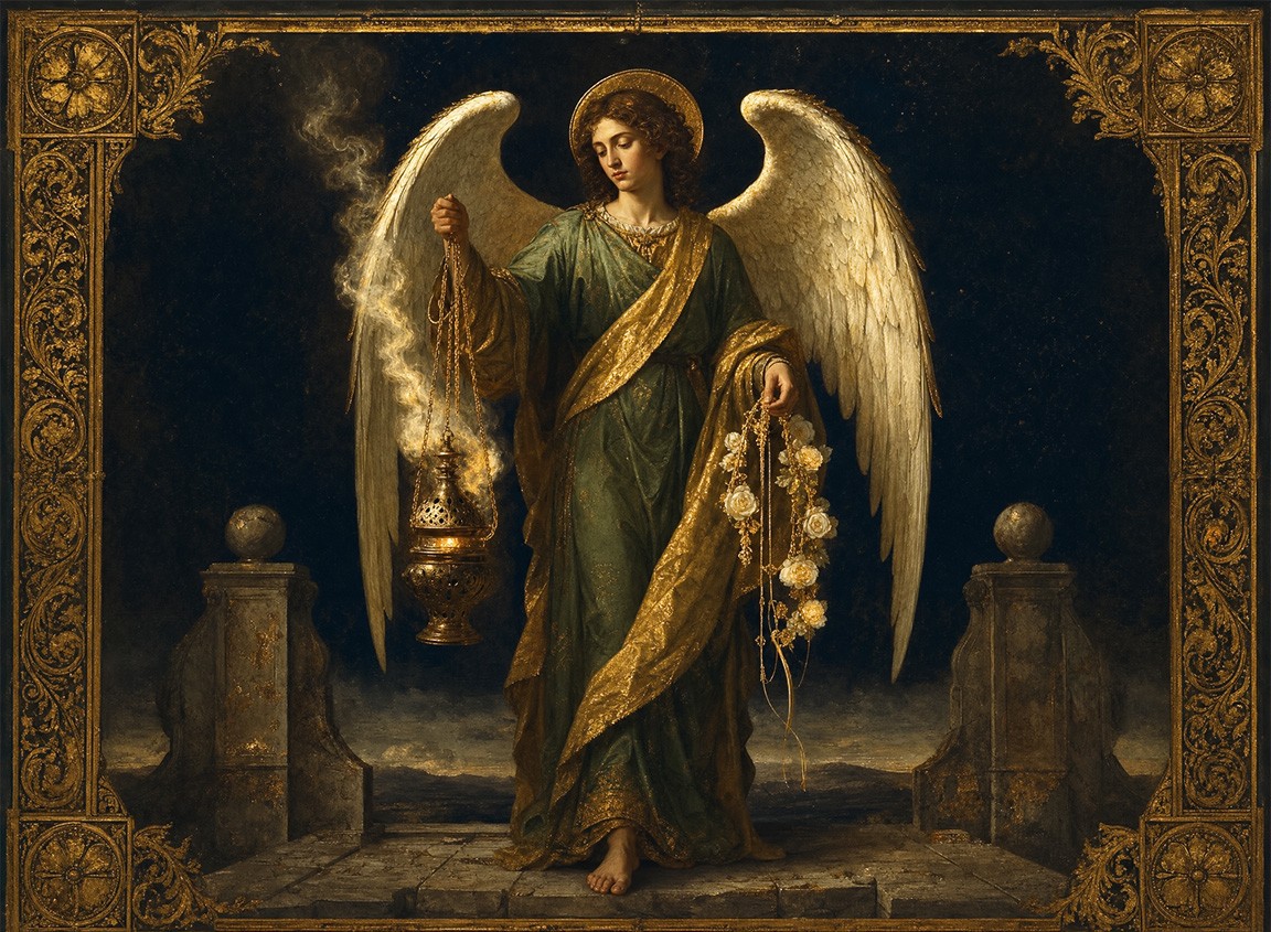 Archangel Sandalphon as the weaver of prayers, holding a bronze censer with rising smoke and a garland of white roses, robed in earth-green with bare feet on weathered stone, in the style of Renaissance manuscript illumination and Baroque chiaroscuro.