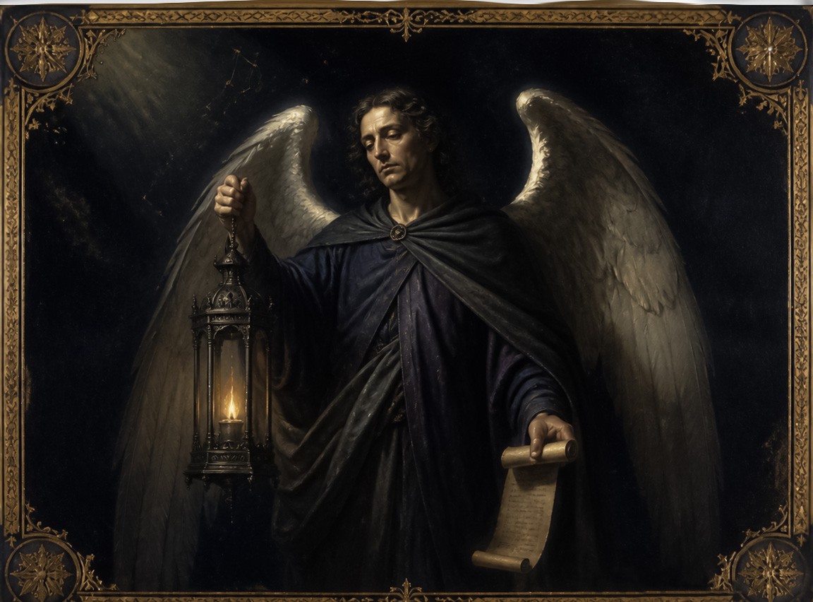 Archangel Saraqael holding an iron lantern with a steady flame and a scroll of names, robed in deep indigo and lead-grey, the healer of wandering souls, in the style of Renaissance manuscript illumination and Baroque chiaroscuro.