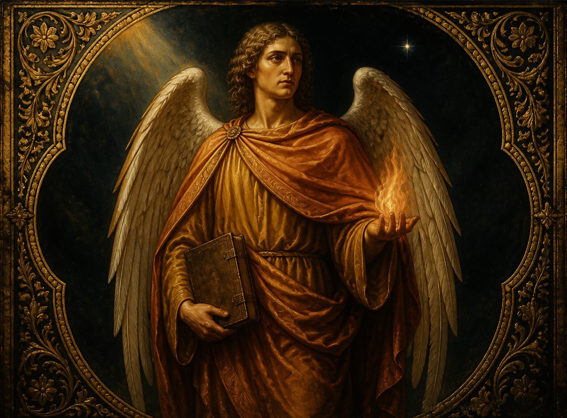 Archangel Uriel holding a living flame in his open left palm and a closed book of warnings in his right hand, robed in deep amber and burnt gold, in the style of Renaissance manuscript illumination and Baroque chiaroscuro.