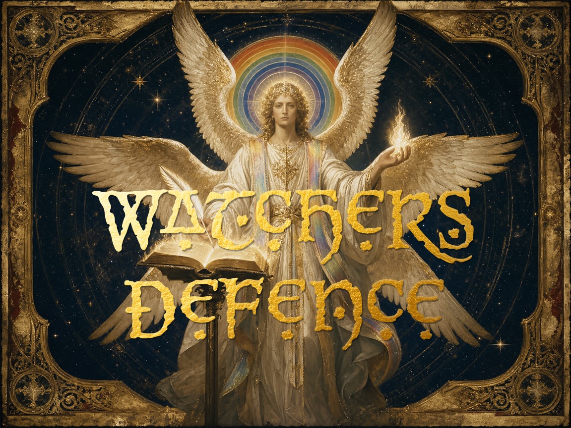 The Watcher's Defence — the archangel Metatron with rainbow halo and six wings, holding a book of fire and a steady flame, in the style of Renaissance manuscript illumination and Baroque chiaroscuro.