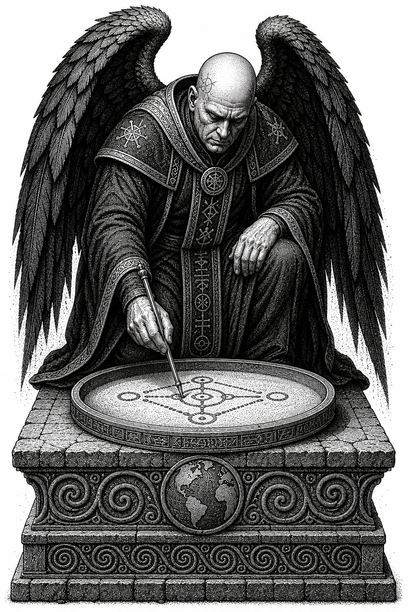 Araqiel, a fallen Watcher of 1 Enoch — blackwork engraving
