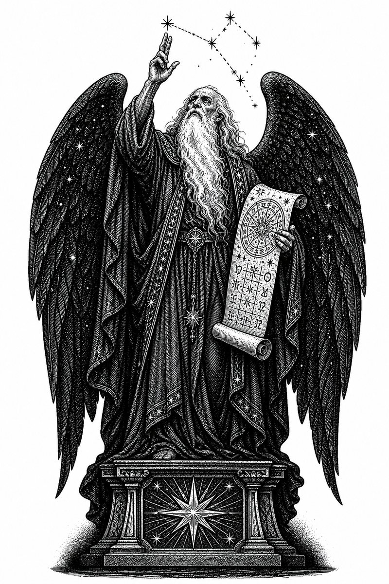 Baraqijal, a fallen Watcher of 1 Enoch — blackwork engraving
