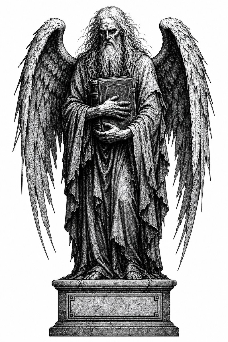 Kasdeja, a fallen Watcher of 1 Enoch — blackwork engraving