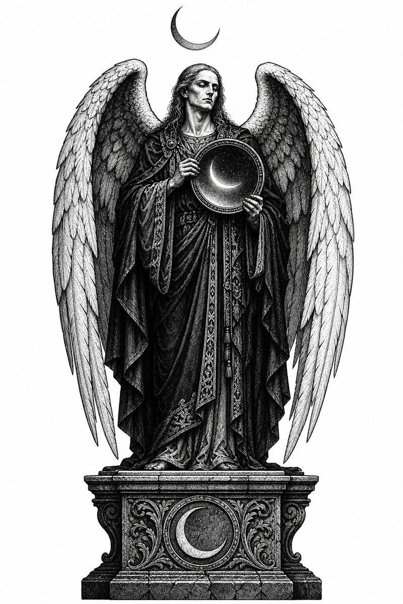 Sariel, a fallen Watcher of 1 Enoch — blackwork engraving