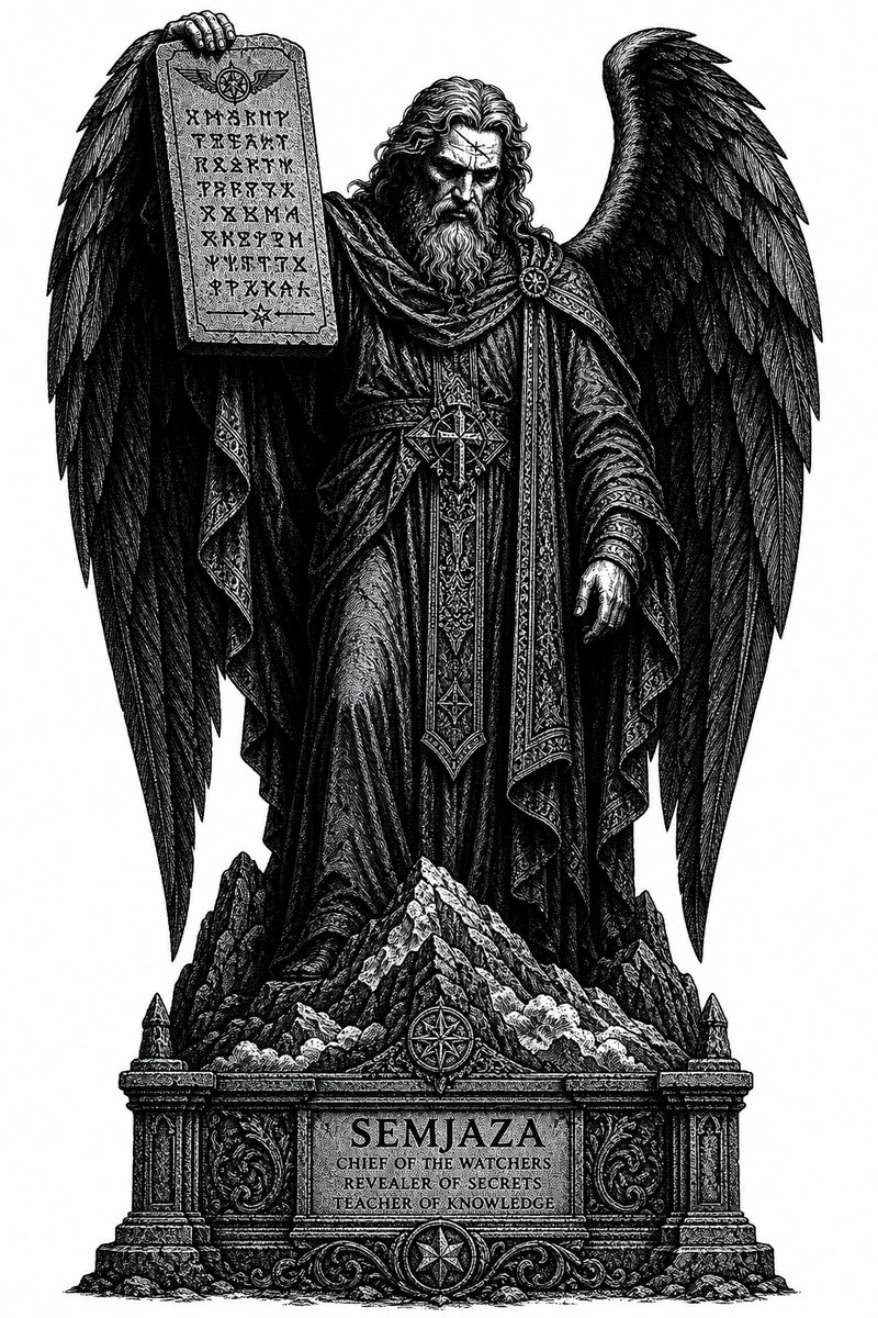 Semjaza, a fallen Watcher of 1 Enoch — blackwork engraving