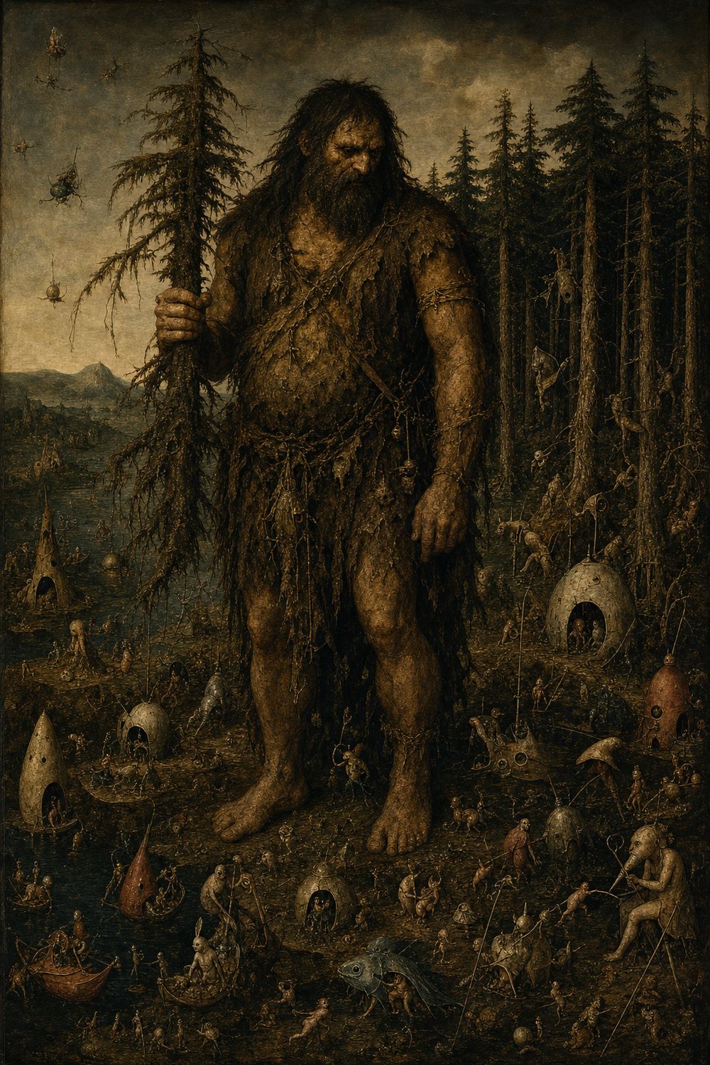 Humbaba named among the Giants — a Bosch-style painting of the monstrous Nephilim