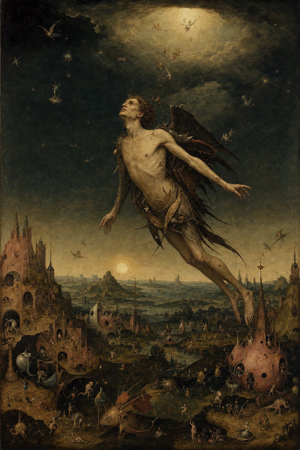 Mahaway, the Giant messenger sent in flight to Enoch — a Bosch-style painting