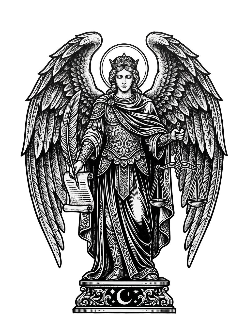 Archangel Azrael tattoo design in blackwork woodcut style — the recording angel with quill, scroll, and the balance scales