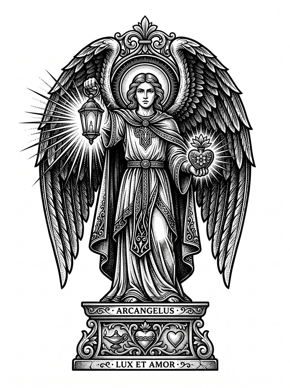 Archangel Chamuel tattoo design in blackwork woodcut style — the archangel who seeks and finds, with the raised lantern and the flowering sacred heart