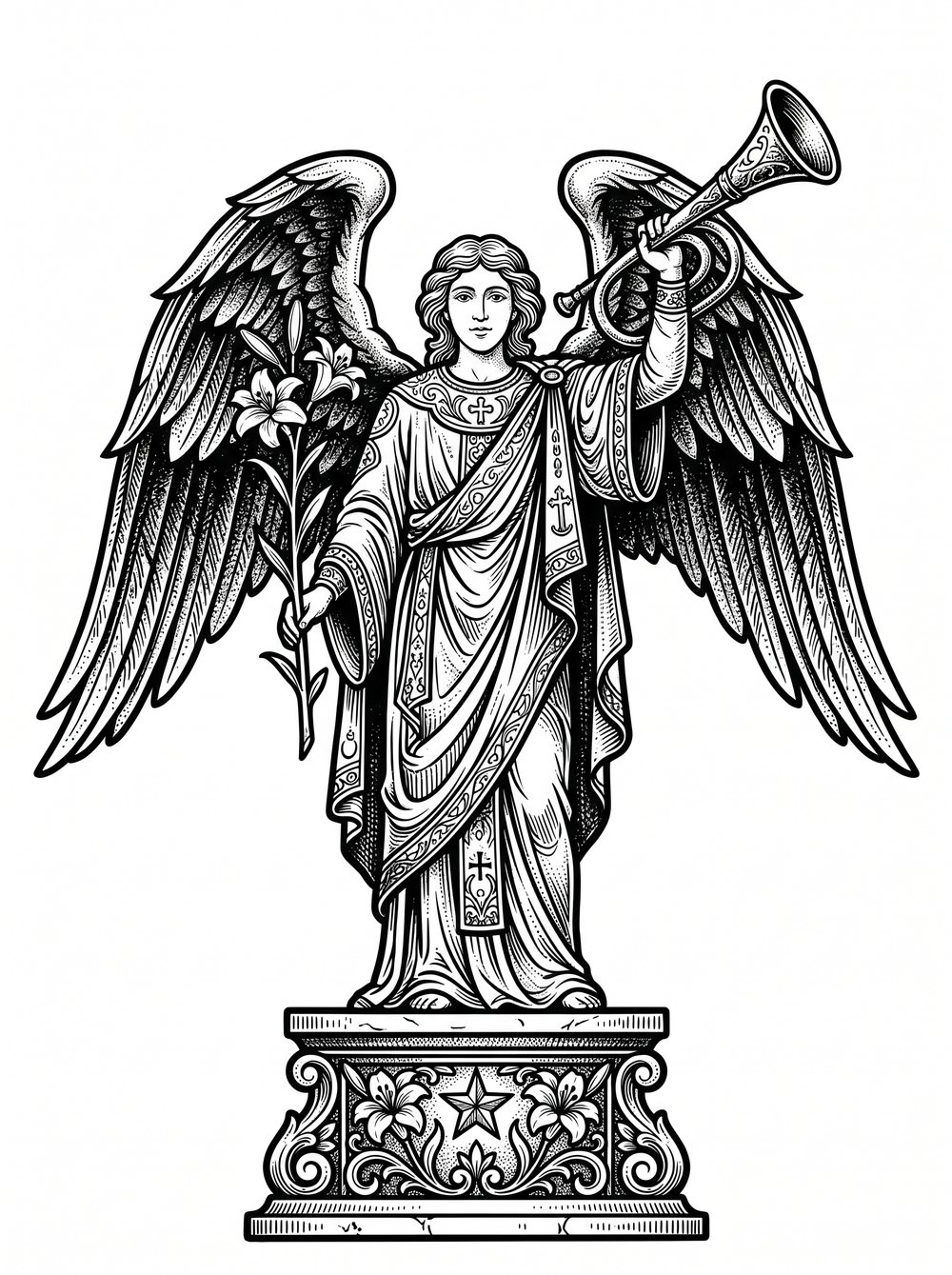 Archangel Gabriel tattoo design in blackwork woodcut style — the messenger archangel with the lily and the herald's trumpet
