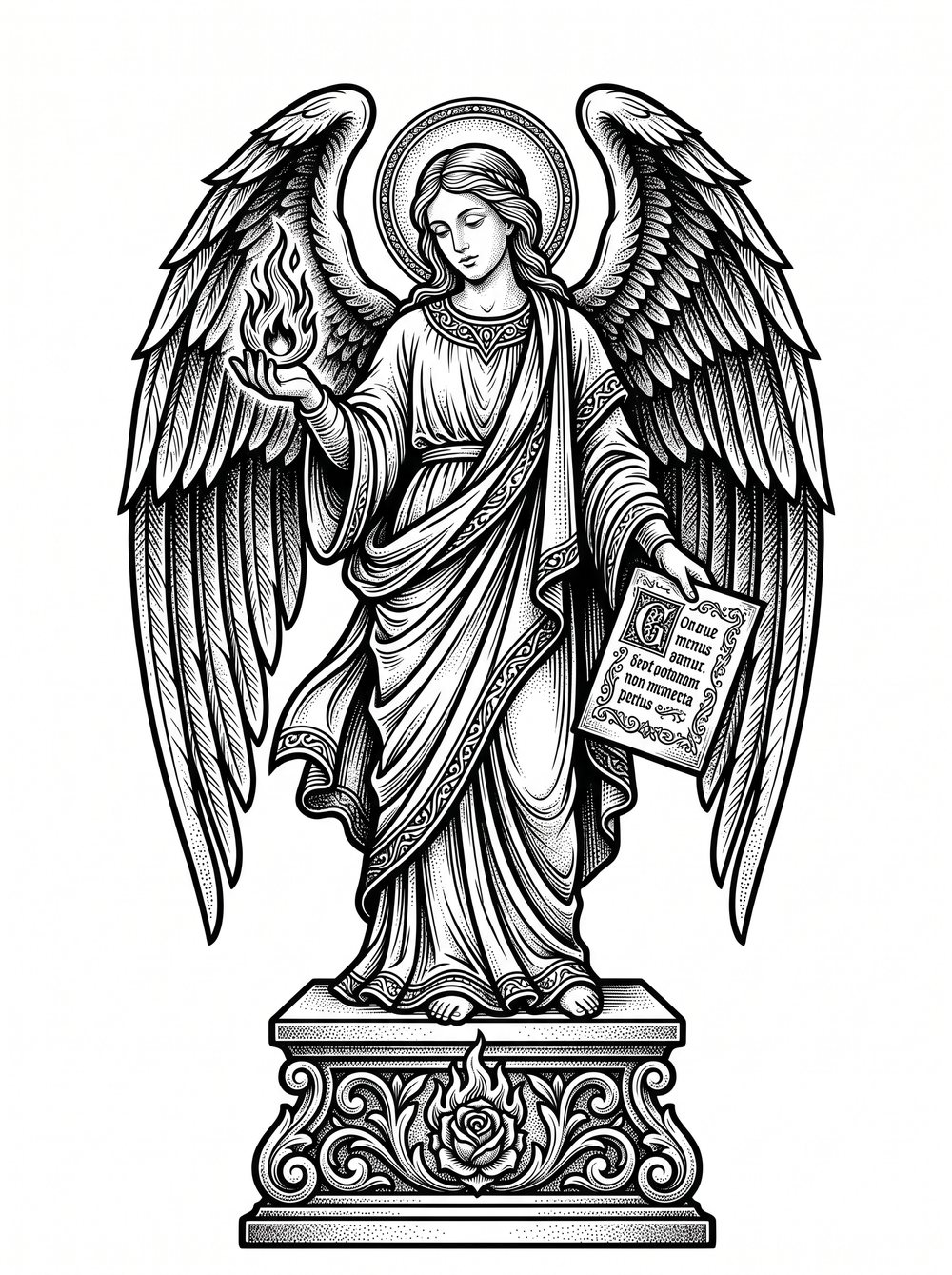Archangel Jophiel tattoo design in blackwork woodcut style — the archangel of beauty with the flame of wisdom and the illuminated manuscript page