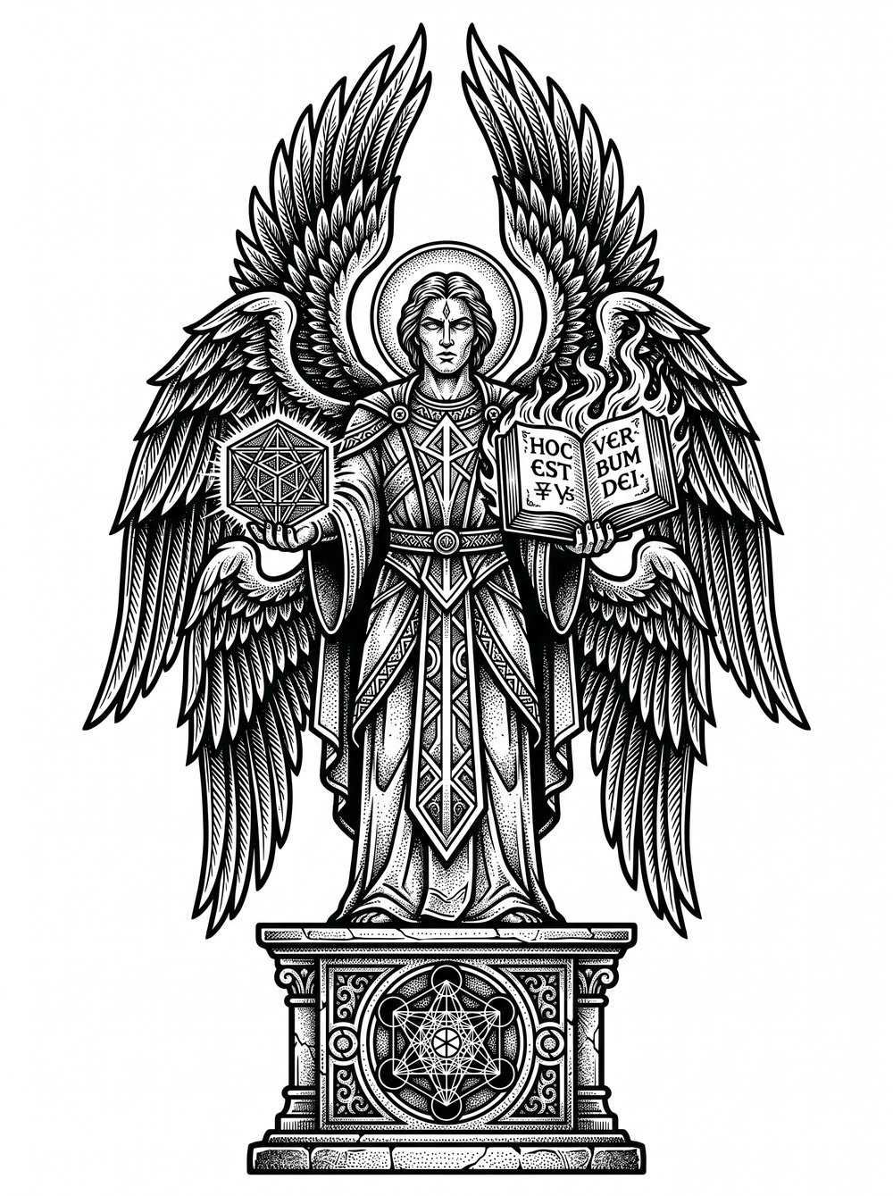 Archangel Metatron tattoo design in blackwork woodcut style — the heavenly scribe with six wings, the flaming book, and the geometric cube