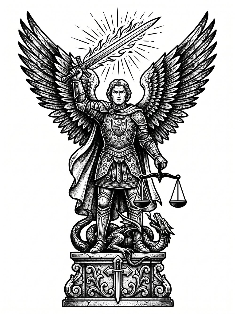Archangel Michael tattoo design in blackwork woodcut style — the warrior archangel with flaming sword, scales, and the vanquished dragon