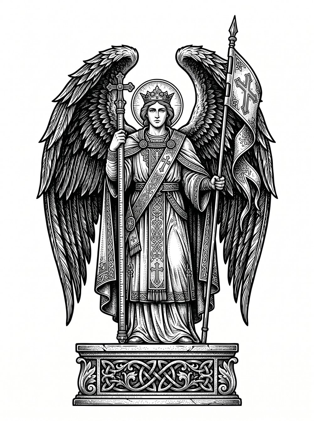 Archangel Raguel tattoo design in blackwork woodcut style — the archangel of order with the measuring rod and the banner-staff
