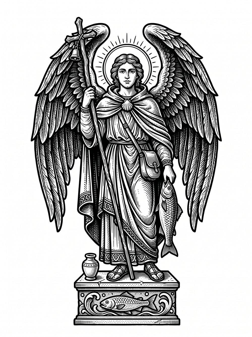 Archangel Raphael tattoo design in blackwork woodcut style — the healer archangel with pilgrim's staff, the fish, and the alabaster jar