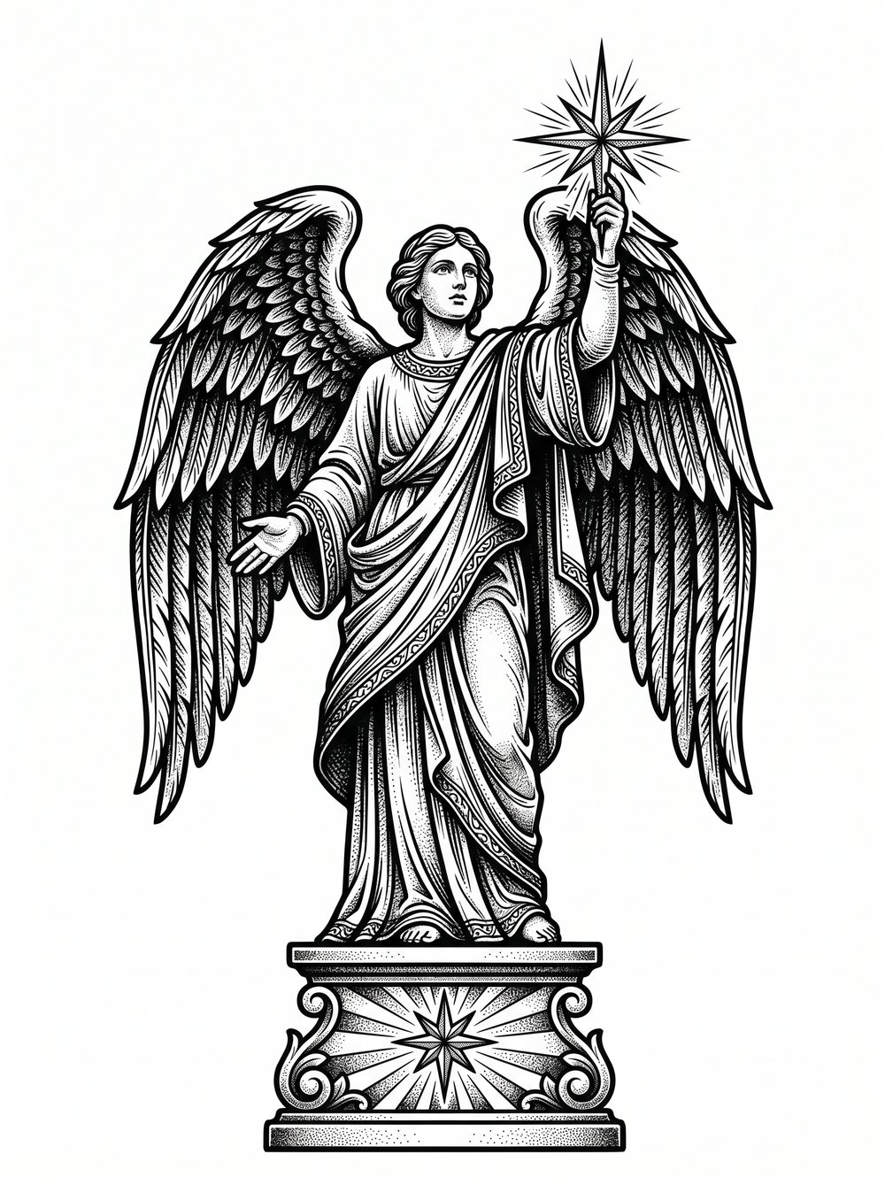 Archangel Remiel tattoo design in blackwork woodcut style — the archangel of hope raising the radiant star