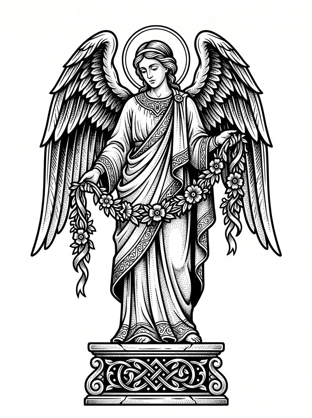 Archangel Sandalphon tattoo design in blackwork woodcut style — the archangel who weaves the garland of prayers