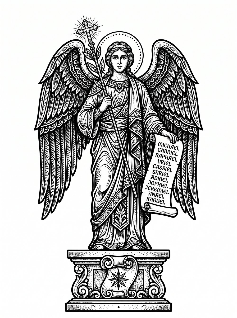 Archangel Saraqael tattoo design in blackwork woodcut style — the archangel with the scroll of names and the healing staff