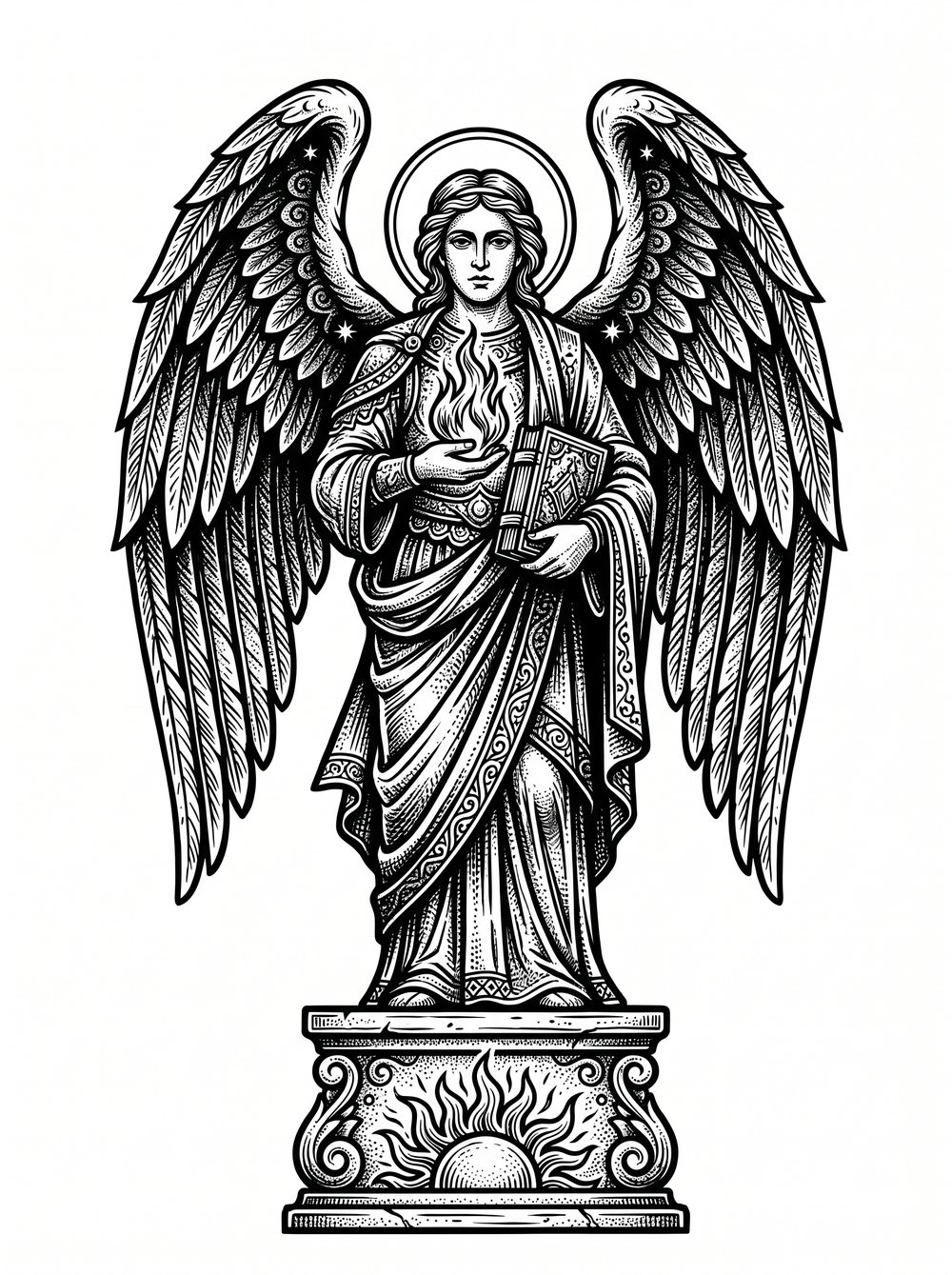 Archangel Uriel tattoo design in blackwork woodcut style — the archangel of light with the open flame and the book of wisdom